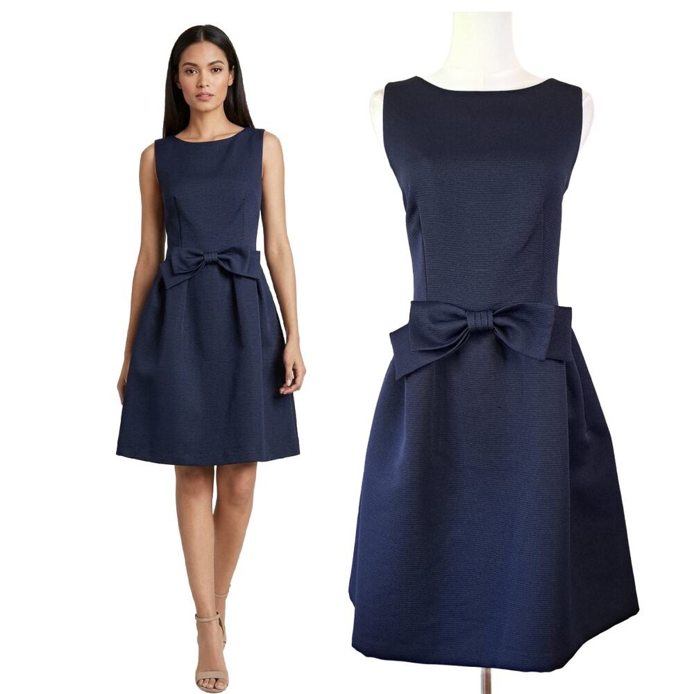 Tahari Navy Bow Front Fit & Flare Dress Sz 10 Holiday Party Cocktail Sleeveless